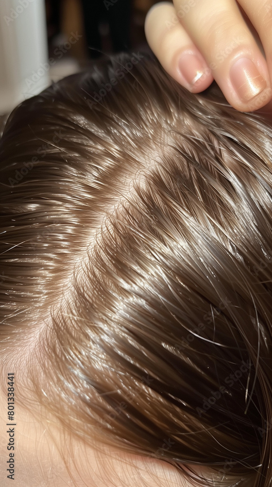 Obraz premium Close-up photograph of a greasy scalp, focusing on the oily hair roots, providing a detailed view of the scalp condition typically associated with excess sebum production. 