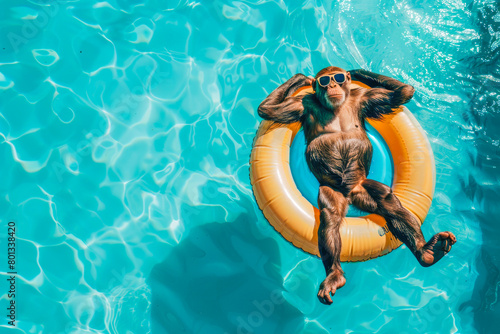 A monkey is laying on a yellow inflatable ring in a pool. The monkey wearing sunglasses and chill out , enjoy a summer sunny day.Aerial view.Vacation and summer holidays concept.