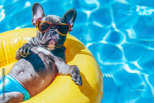 French bulldog lounges on a yellow inflatable ring in a pool. The bulldog wears sunglasses, chilling out and enjoying a sunny summer day. Close up,copy space. Concept of vacation and summer holidays.