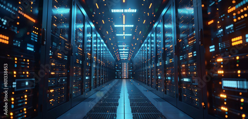 Ultra-wide digital landscape of server racks in a data center, illuminating the architecture of the internet in 21:10. © Adil