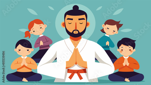 A martial artist with closed eyes surrounded by their teammates as they recite a mantra to help conquer their fear and selfdoubt.