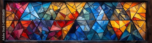 A stained glass window with a geometric pattern of triangles in various colors.