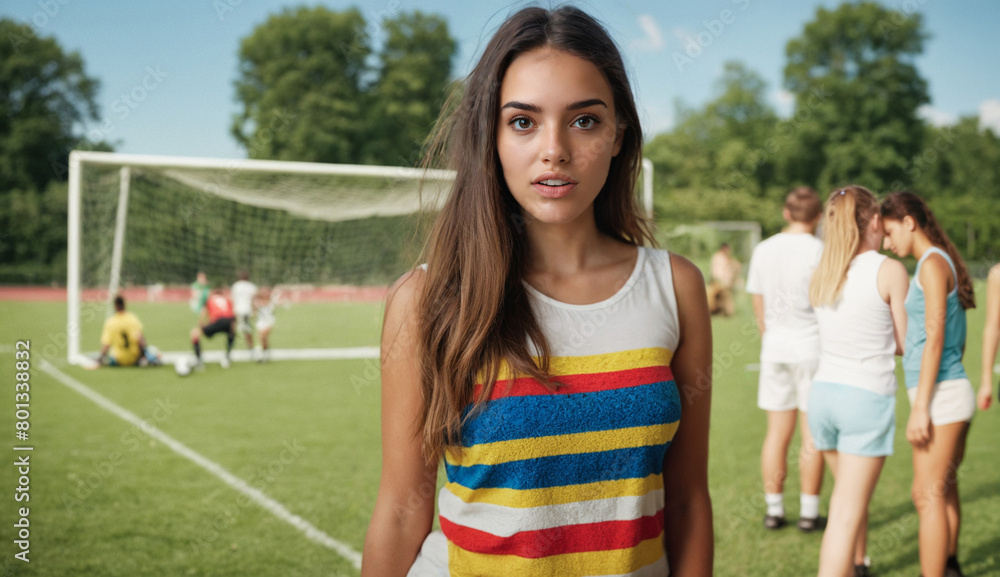 on the sports field with younger people, young adult attractive woman watches girls playing soccer, enthusiastic and enthusiastic, wants to play and is a sports enthusiast on the sports field with younger people, young adult attractive woman watches girls playing soccer, enthusiastic and enthusiastic, wants to play and is a sports enthusiast