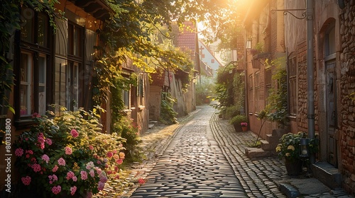 Fototapeta Naklejka Na Ścianę i Meble -  Vintage alleyway with cobblestone streets and historic buildings in springtime