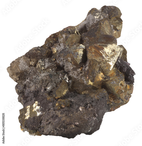 Chalcopyrite copper iron sulfide mineral stone rock isolated on white background. Mineralogy stones gem concept.
