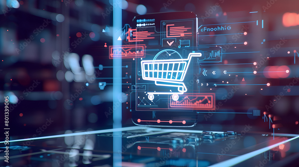 A graphic image of teenagers engaging in online shopping activities using computers or mobile phones and a shopping basket. A graphic image of teenagers engaging in online shopping activities using computers or mobile phones and a shopping basket.
