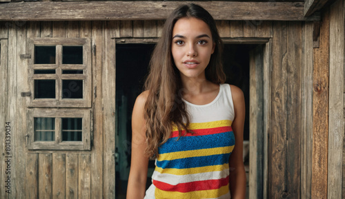 young woman stands in front of old wooden hut, in a good mood or has an idea, stowing away and thinking, thinking, having an idea, inherited house and renovate or change life photo