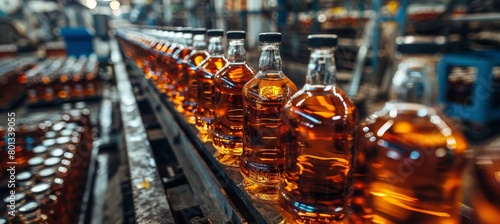 Whiskey bottling assembly line in a standard factory environment for efficient production