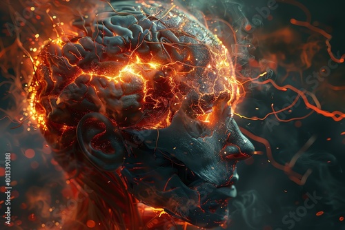A hyper-realistic image of an anatomical Corpus callosum bursting with vibrant flames photo