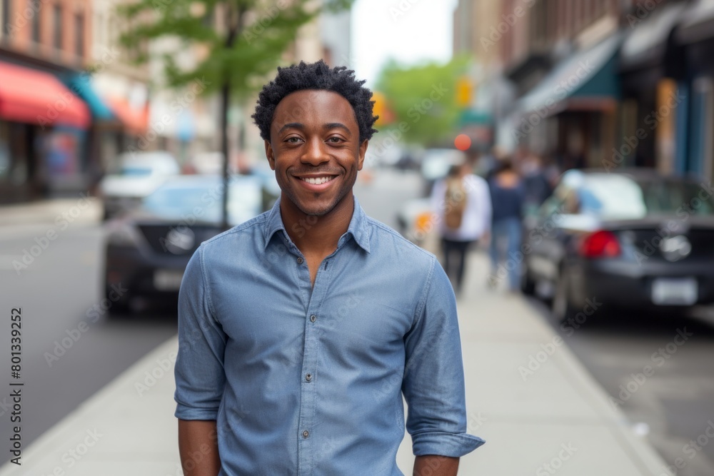 Portrait of a cheerful afro-american man in his 20s donning a classy polo shirt in busy urban street Portrait of a cheerful afro-american man in his 20s donning a classy polo shirt in busy urban street