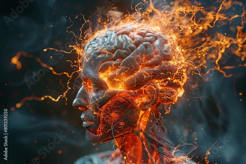 A hyper-realistic image of an anatomical Hypothalamus bursting with vibrant flames