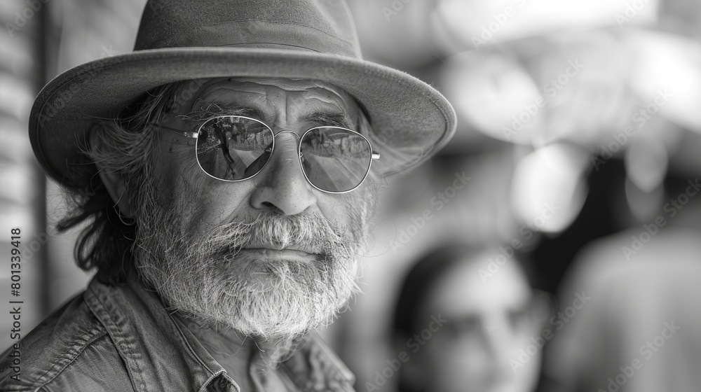 Man Wearing Hat and Glasses in Black and White. Generative AI