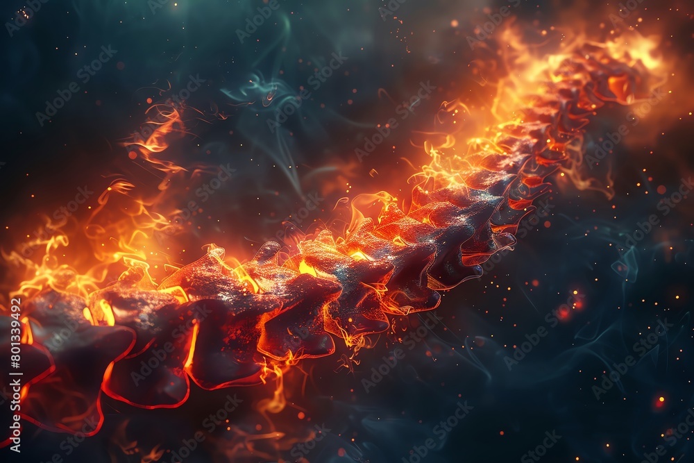 A hyper-realistic image of an anatomical Spinal cord bursting with vibrant flames