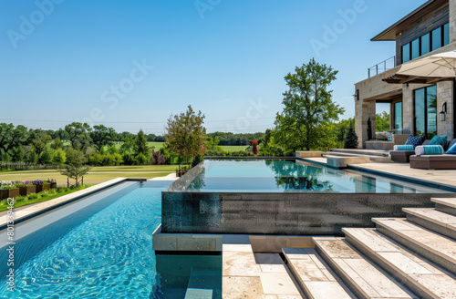 Beautiful pool with infinity edge and steps leading to the home, located in front of a large two story modern style mansion on a country club golf course