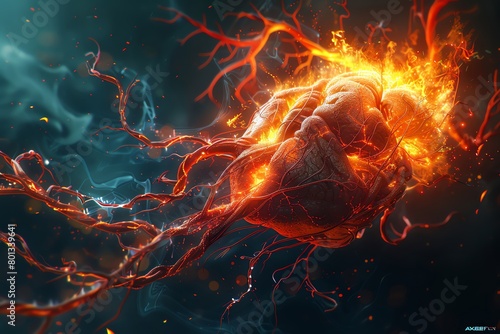 A hyper-realistic image of an anatomical Arteries bursting with vibrant flames