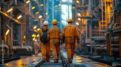 Safety protocols being followed rigorously throughout the refinery, with workers equipped with protective gear and adhering to strict safety procedures to meet international standards.
