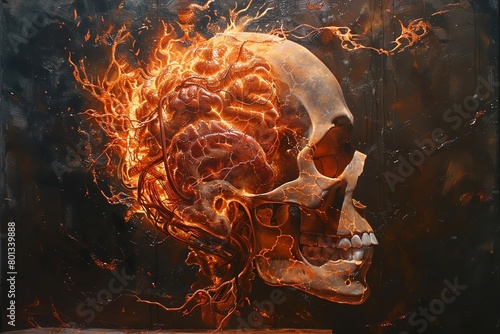 A hyper-realistic image of an anatomical Medulla oblongata bursting with vibrant flames photo