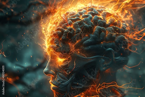 A hyper-realistic image of an anatomical Pineal gland bursting with vibrant flames photo