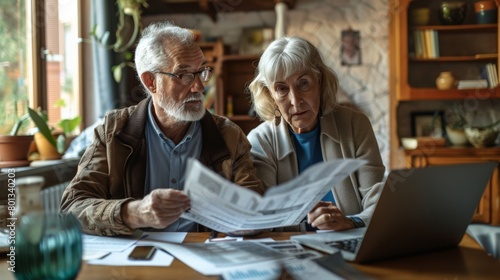 An elderly couple reviewing their retirement funds with financial documents and a laptop photo