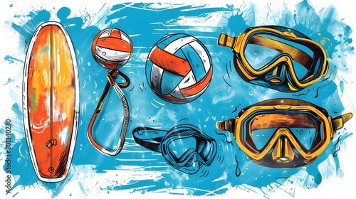 Vibrant Sketch of Active Summer Sports Equipment and Gear