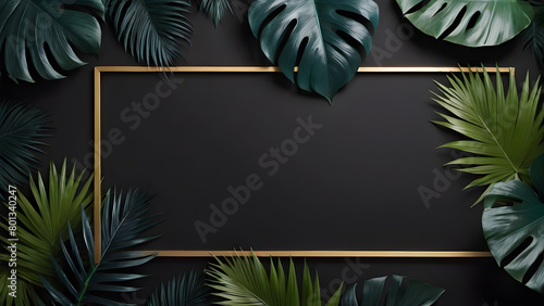 Tropical black background with monstera leaves and golden frame. © Эля Эля