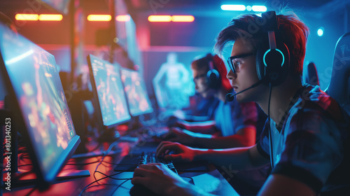 A team of young male esports athletes intensely focused during a competitive gaming event, illuminated by colorful lights. photo