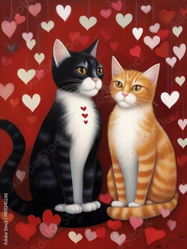 Two cats in love, black and red, against a background of hearts. Greeting cards for Valentine's Day, anniversary, anniversary, birthday.