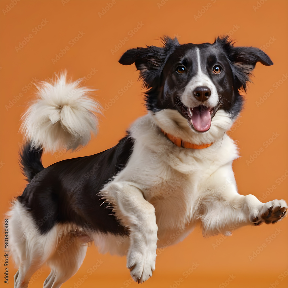 Funny portrait of cute smilling puppy border collie dog jumping. Isolated on orange background.