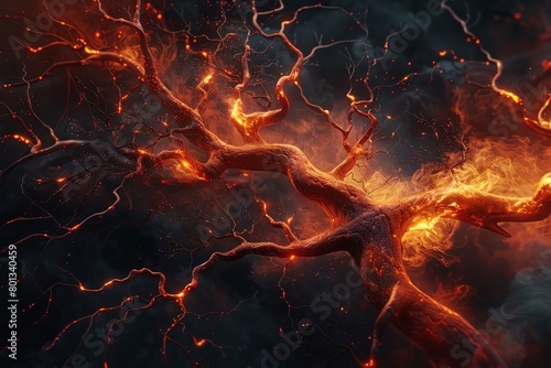 A hyper-realistic image of an anatomical Arteries bursting with vibrant flames