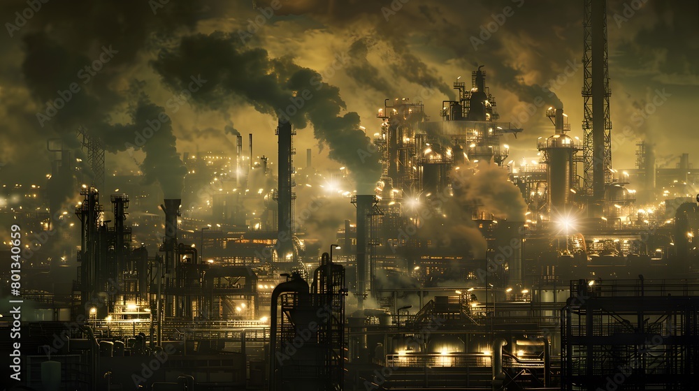 Illuminated industrial complex shrouded in smoke at night