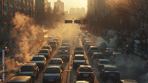 Traffic Congestion: A real photo showing congested city streets filled with vehicles, releasing exhaust fumes and particulate matter, exacerbating the PM 2.5 dust crisis. photo