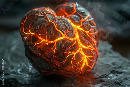 A hyper-realistic image of an anatomical Stomach bursting with vibrant flames photo