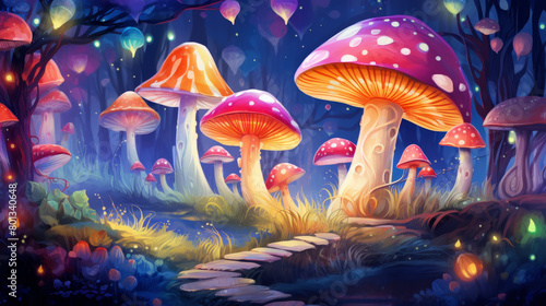 A vibrant path winding through a forest  dotted with colorful mushrooms under the shade of towering trees.