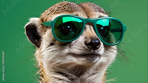 Portrait of a meerkat wearing sunglasses on a green background