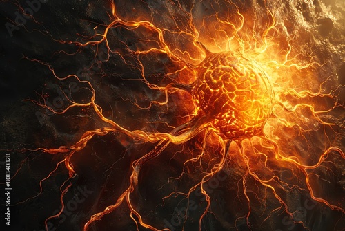 A hyper-realistic image of an anatomical Bladder bursting with vibrant flames