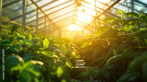 The sunlight filters through the windows of a greenhouse, illuminating a lush garden filled with thriving terrestrial plants. AIG41