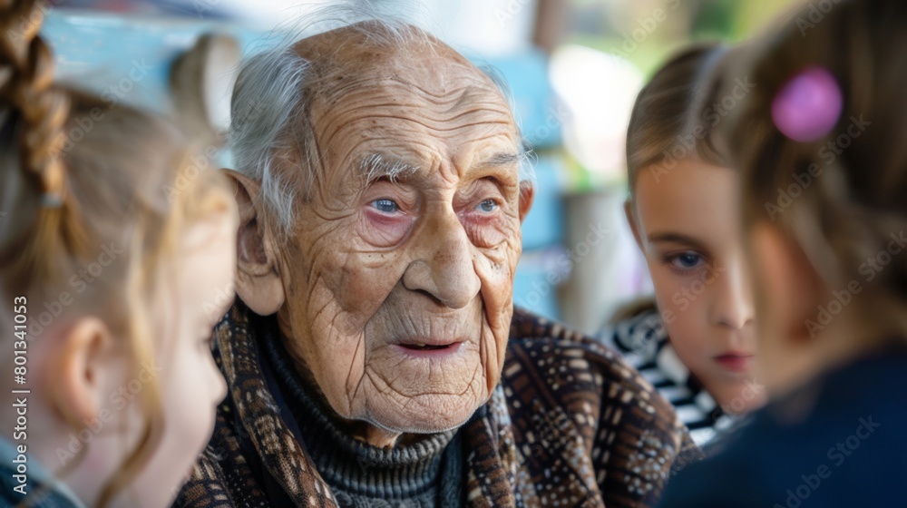 An elderly man sharing stories with young children about his life in a post-war era An elderly man sharing stories with young children about his life in a post-war era