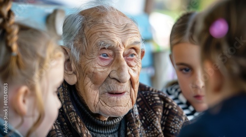 An elderly man sharing stories with young children about his life in a post-war era photo