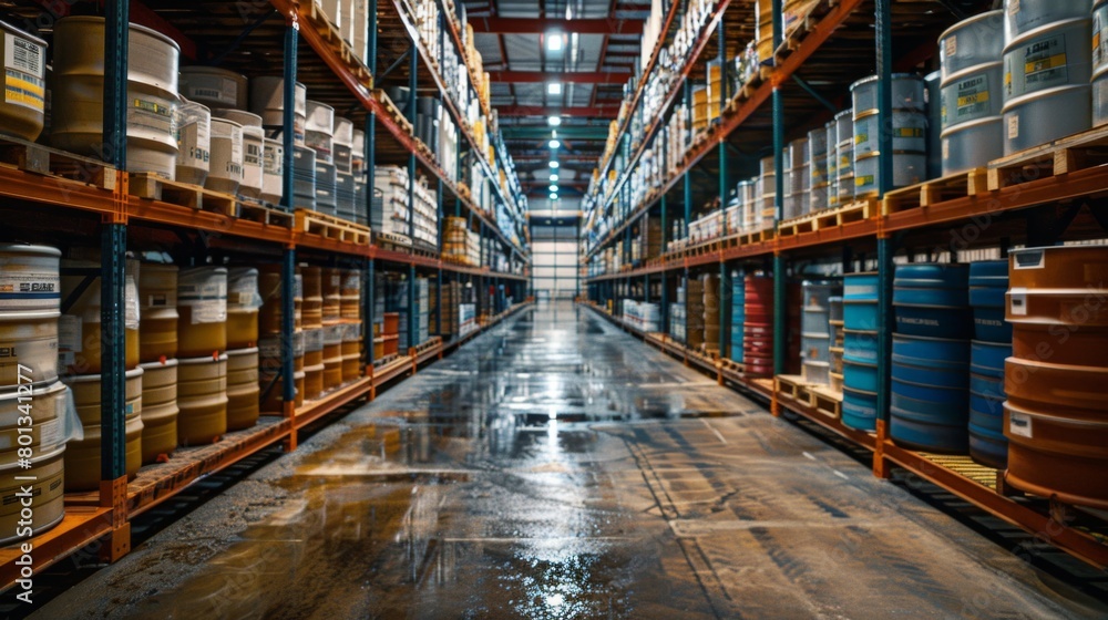 Warehousing and Storage: A real photo shot depicting the storage and warehousing of agricultural chemical products in secure and controlled environments, ensuring product integrity and shelf life.