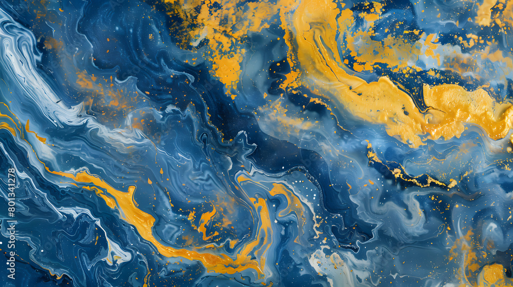 Fototapeta premium Blue alcohol stains of paint with the addition of gold powder. blue marble background