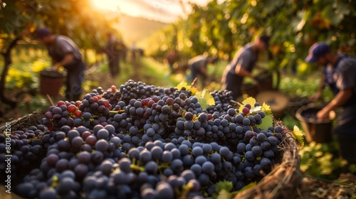 Vineyard Harvest: A real photo shot capturing the harvest season in vineyards, where workers handpick ripe grapes amidst the natural beauty of the vineyard landscape.