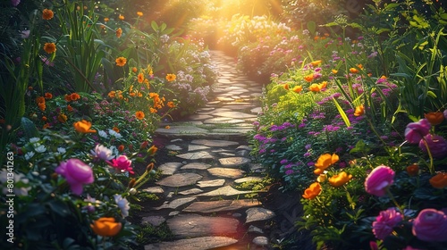 Whimsical garden pathway with colorful flowers and lush greenery at sunrise in autumn