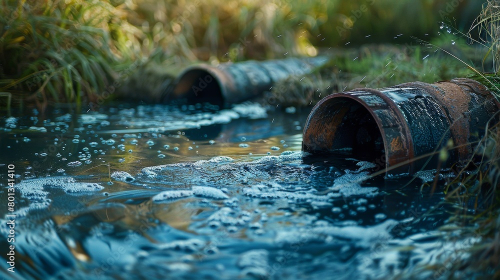 Water Remediation: A real photo shot capturing water remediation efforts, such as filtration and treatment, to remove chemical contaminants from water sources affected by the spill. Water Remediation: A real photo shot capturing water remediation efforts, such as filtration and treatment, to remove chemical contaminants from water sources affected by the spill.