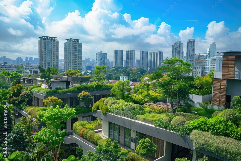 Fototapeta premium A cityscape with buildings featuring lush green rooftops, demonstrating urban sustainability.