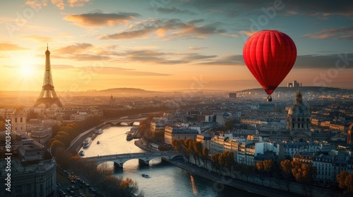 Hot air balloon floating over cityscape, Paris, with copy space area.