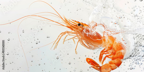 A shrimp is swimming in water with white background.