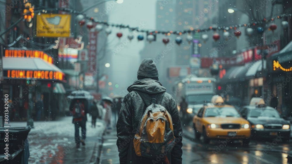 Man Walking Down a Street in the Rain. Generative AI