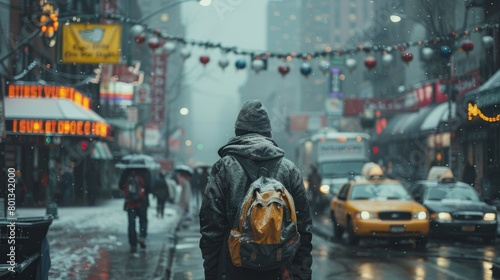 Man Walking Down a Street in the Rain. Generative AI