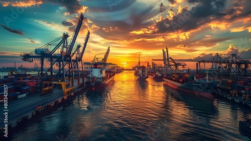 Industrial sunset over a bustling port photo