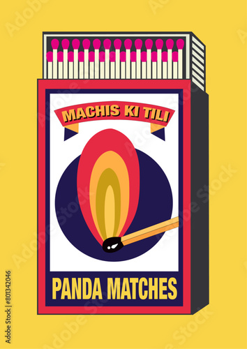 machis ki tili, fire matches, Lit Match,lighter to create fire,lighter belonging, lighter can, matchbox, matches vector illustration. Vintage, antique retro style packaging Indian art old style design
